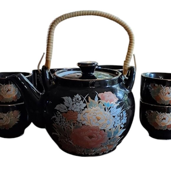 RARE Vintage Japanese Shibata 9pc Tea Set; Black Enamel w/Gold Accents - Picture 5 of 11